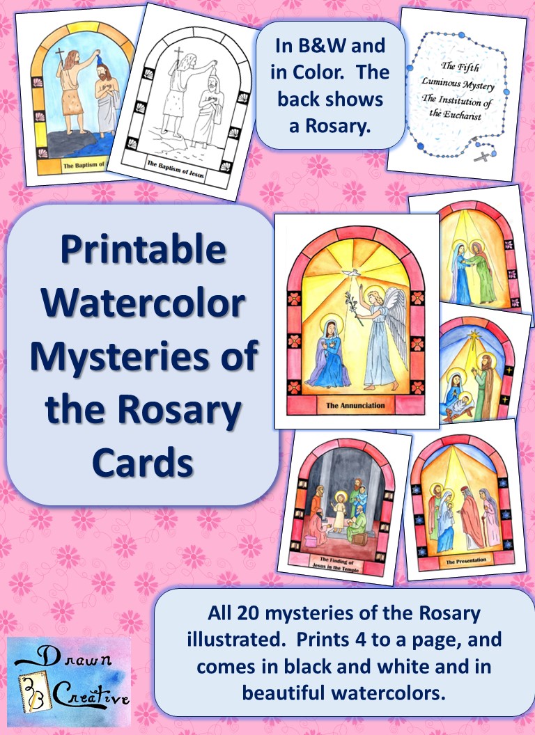 Watercolor Printable Mysteries Of The Rosary Cards Drawn2BCreative